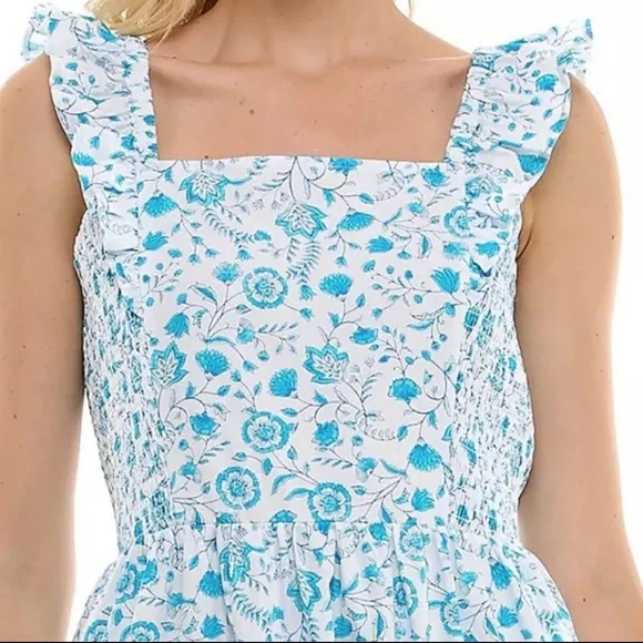 Draper James Floral Dress Blue & White Ruffle Sleeve 100% Cotton Maxi Size XXL - Picture 7 of 10